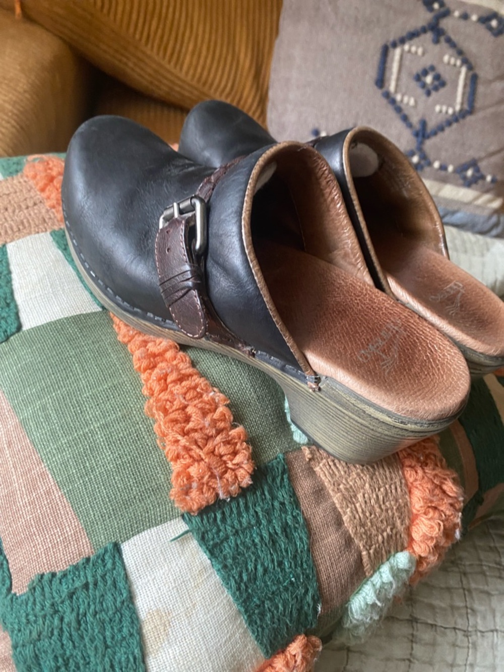 Dansko Black Leather Clogs with Brown Strap